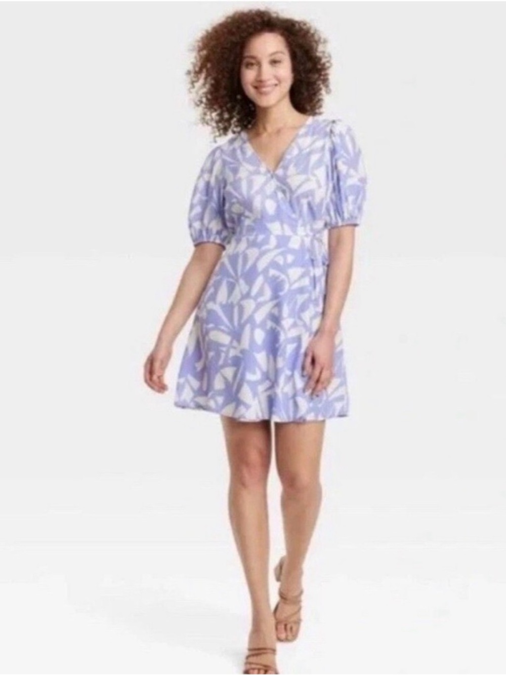 Wrap Mini Dress with Puff Sleeves and Periwinkle Print | S